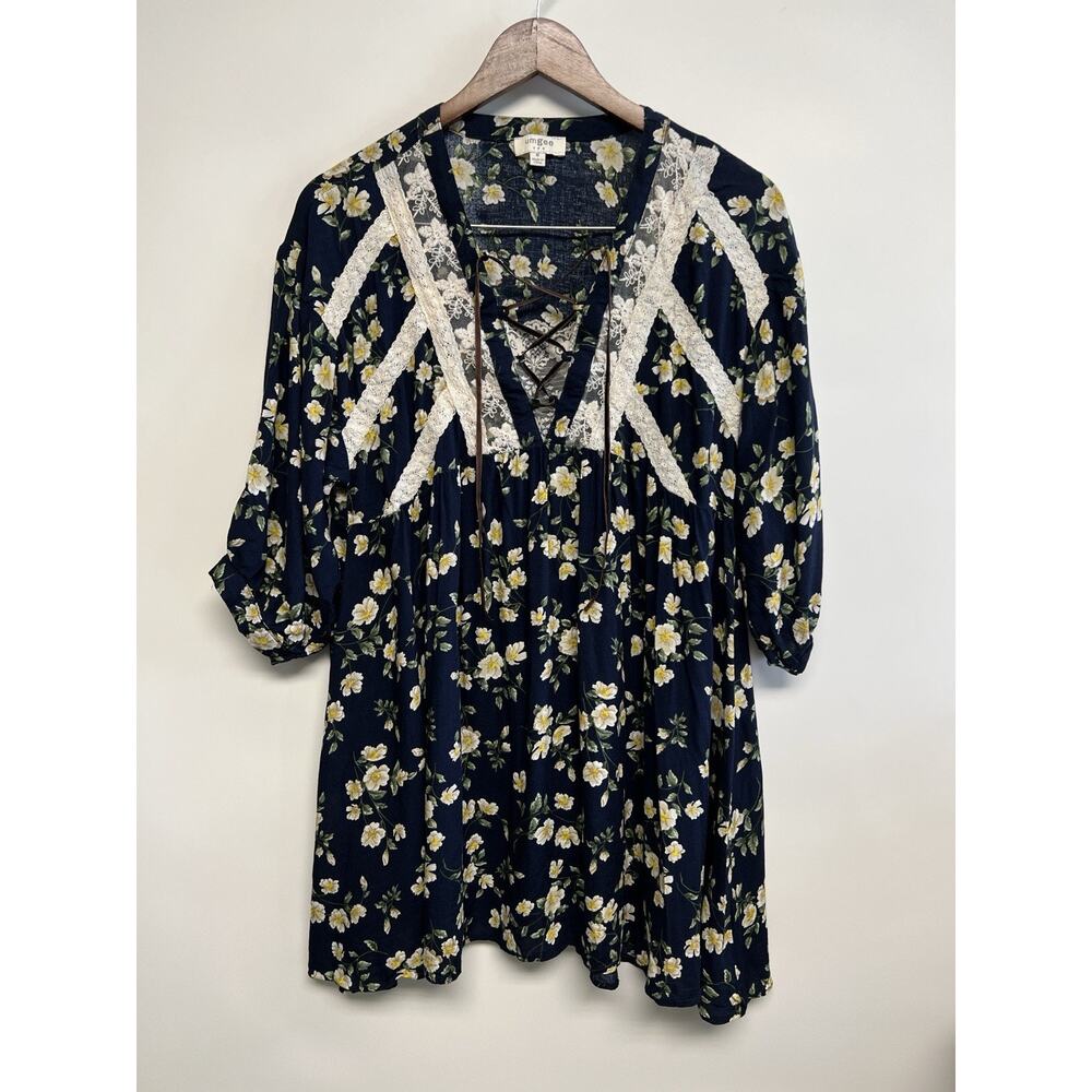 Umgee Boho Dress Medium Cottage Daisy Flowy Lace Up Top Hippie Pheasant - Picture 7 of 12